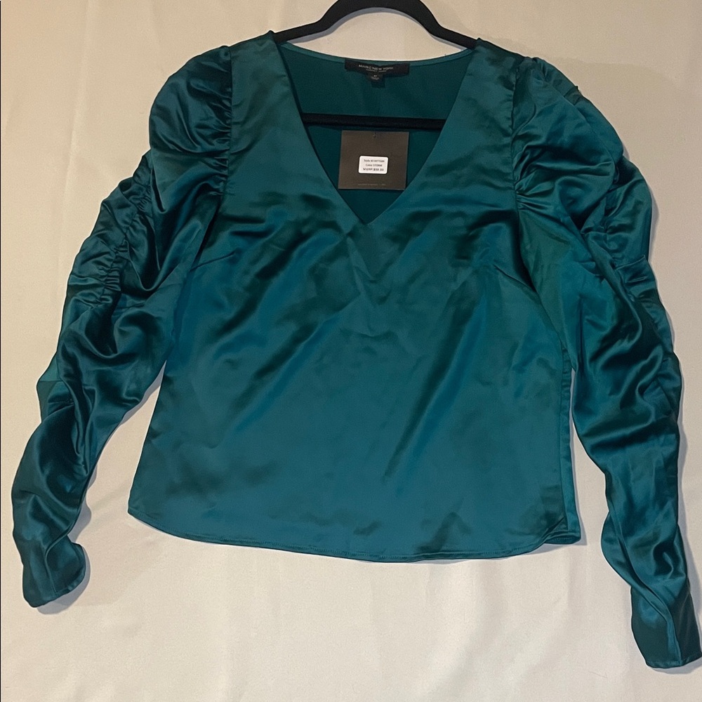 Marc New‎ York Andrew Marc Ruched Sleeve Satin Blouse Storm Green Size M NWT